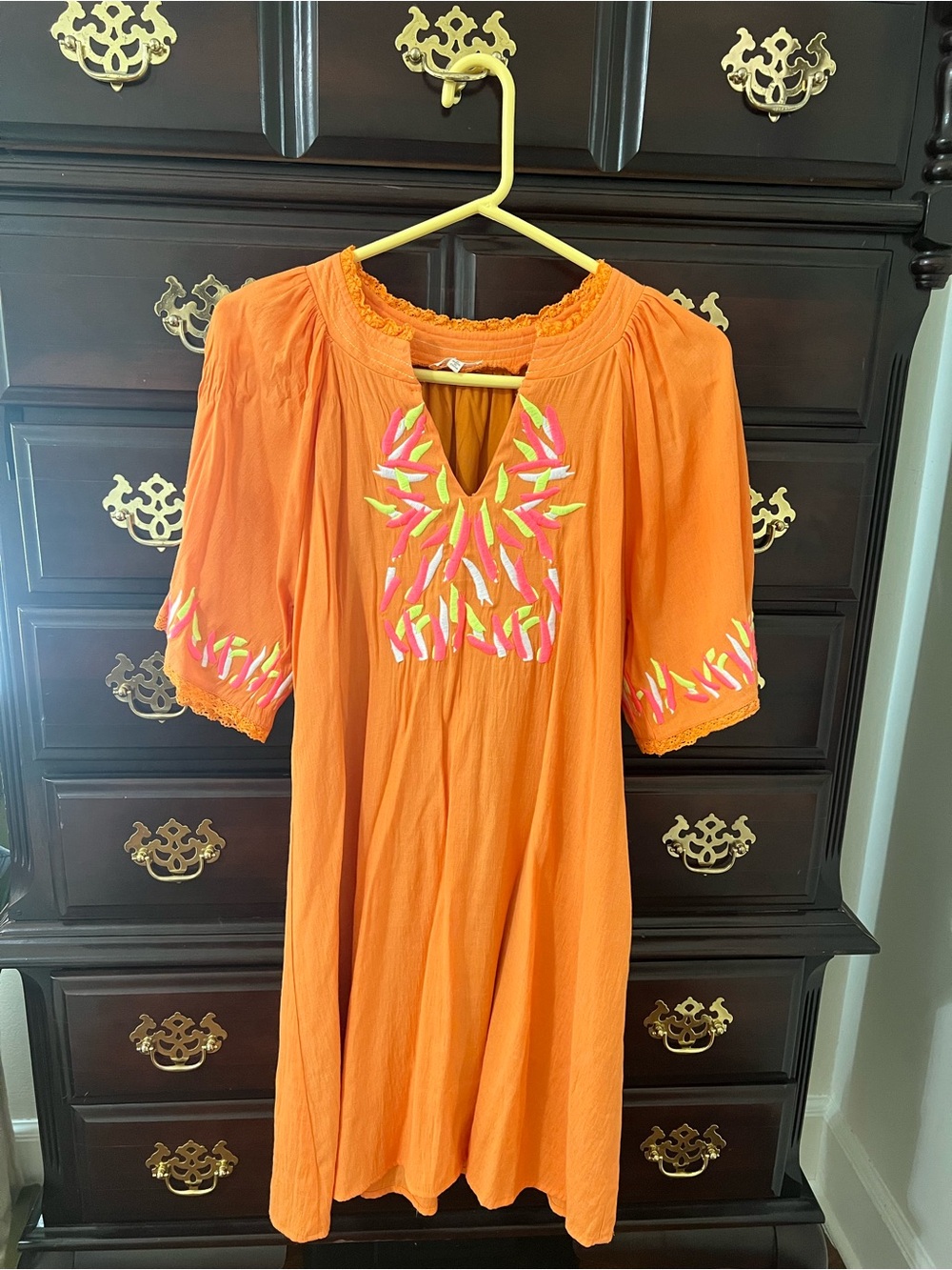 Embroidered Orange Peasant Dress